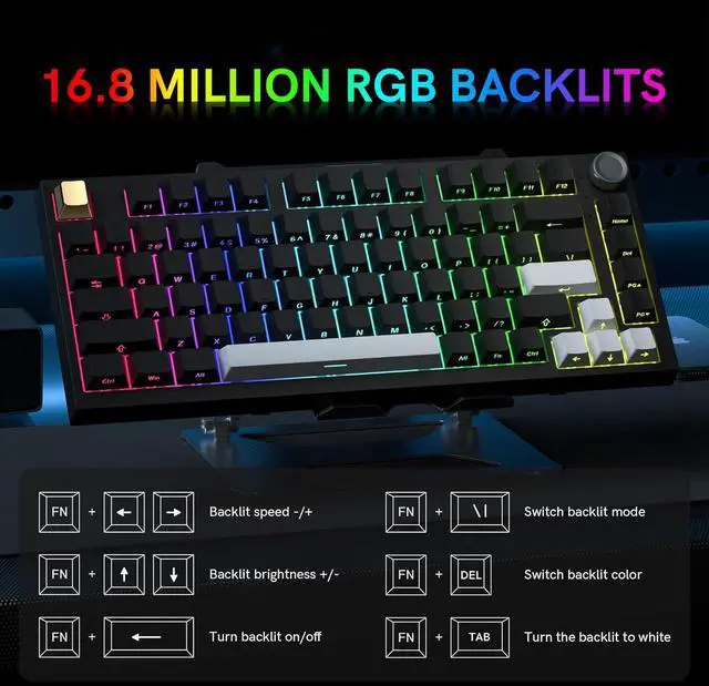 Alt view image 3 of 7 - Keymatic Wireless Mechanical Keyboard,75% Hot Swappable Custom Keyboard with Knob,RGB Backlit,Side Printed PBT Keycaps,2.4GHz/USB-C/BT5.0 Mechanical Gaming Keyboards