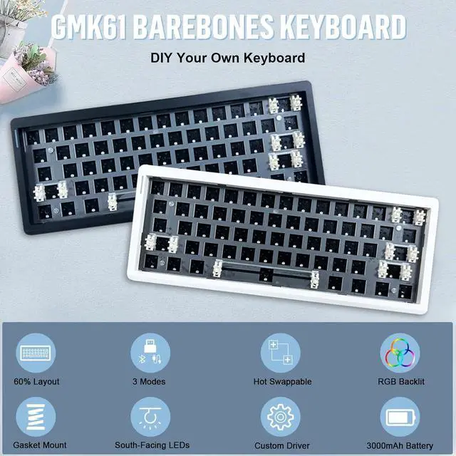 Alt view image 2 of 7 - GMK61 Barebones Keyboard Kit,60% Hot Swap Programmable Gasket Mount RGB Backlit BT5.0/2.4G/Wired Type-C Wireless Mechanical Keyboard 61 Keys NKRO Custom Gaming DIY Kit (Black)