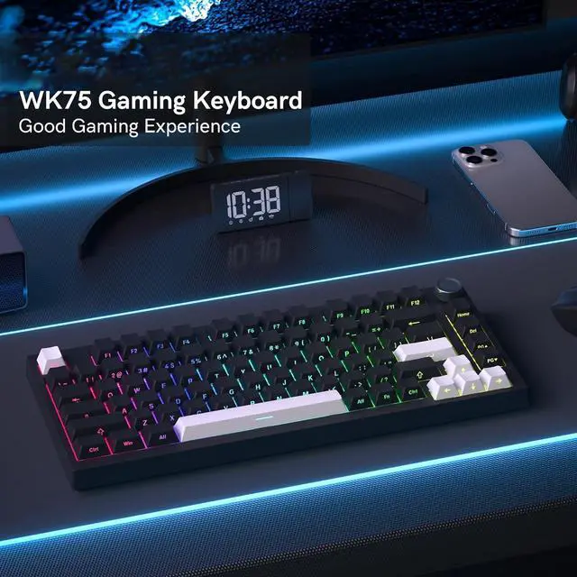 Alt view image 2 of 7 - Keymatic Wireless Mechanical Keyboard,75% Hot Swappable Custom Keyboard with Knob,RGB Backlit,Side Printed PBT Keycaps,2.4GHz/USB-C/BT5.0 Mechanical Gaming Keyboards