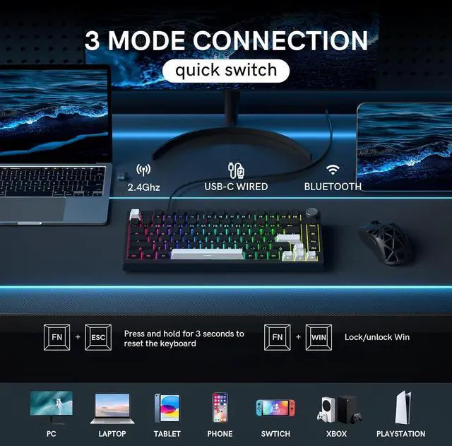 Alt view image 4 of 7 - Keymatic Wireless Mechanical Keyboard,75% Hot Swappable Custom Keyboard with Knob,RGB Backlit,Side Printed PBT Keycaps,2.4GHz/USB-C/BT5.0 Mechanical Gaming Keyboards
