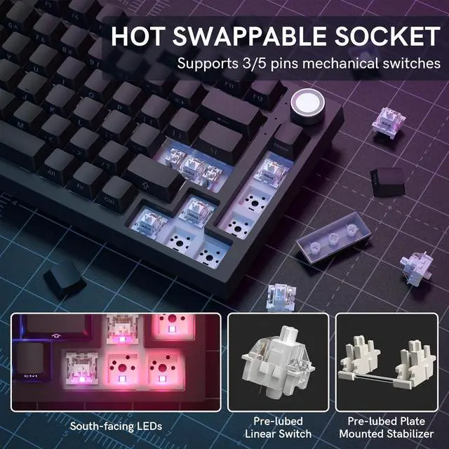 Alt view image 7 of 7 - Keymatic Wireless Mechanical Keyboard,75% Hot Swappable Custom Keyboard with Knob,RGB Backlit,Side Printed PBT Keycaps,2.4GHz/USB-C/BT5.0 Mechanical Gaming Keyboards