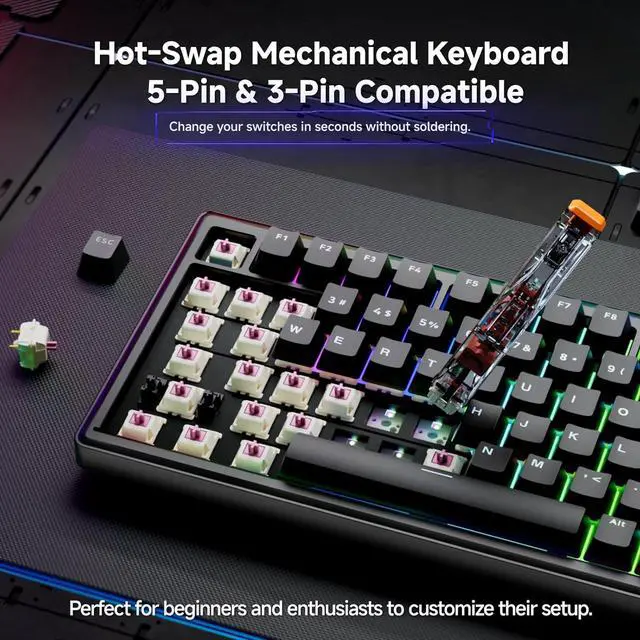 Alt view image 3 of 7 - TMKB T81E Mechanical Gaming Keyboard, 75% Gasket Mount Wired Keyboard with Knob & 5-Layer Sound Dampening, Hot-Swappable, RGB Backlit, 82 Keys for Windows/Mac/Linux - Black
