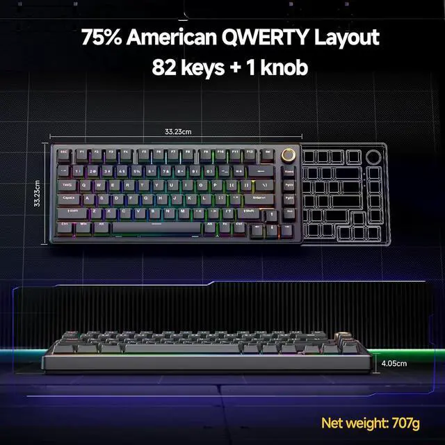 Alt view image 6 of 7 - TMKB T81E Mechanical Gaming Keyboard, 75% Gasket Mount Wired Keyboard with Knob & 5-Layer Sound Dampening, Hot-Swappable, RGB Backlit, 82 Keys for Windows/Mac/Linux - Black