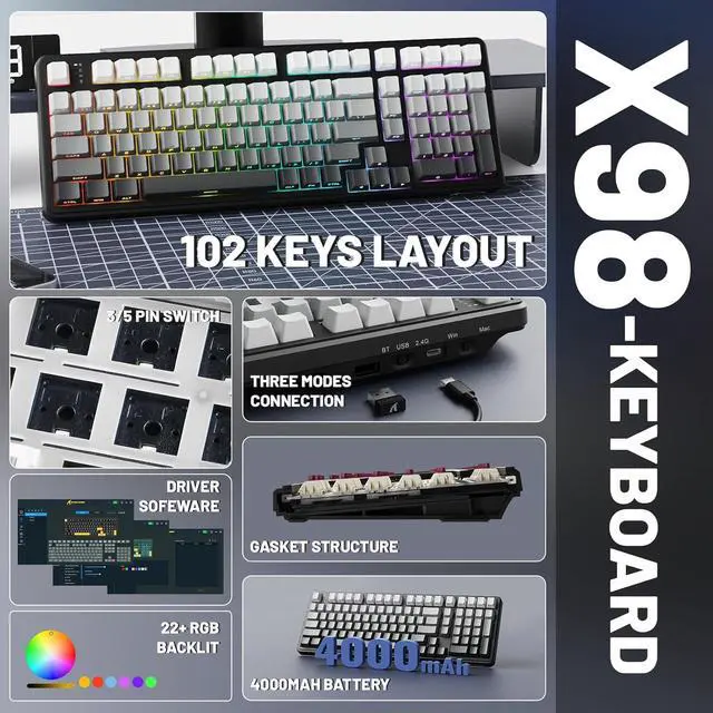 Alt view image 2 of 7 - ATTACK SHARK X98 Wireless Mechanical Keyboard with Numpad,Gasket Mount Hot-Swap Pre-lubed Linear Switch,BT 5.0/2.4G/Wired,RGB Backlit Computer Gaming Keyboards for PC/Tablet/PS5/Xbox-Moonlight