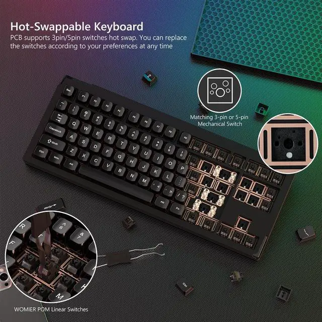Alt view image 6 of 6 - SK87 75% Wireless Gaming Keyboard QMK/VIA, Full Aluminum Transparent keycaps Mechanical Keyboard, Bluetooth 5.0/2.4GHz/USB-C Wired Programmable Keyboard, Hot Swappable, POM Linear Switch (Black)