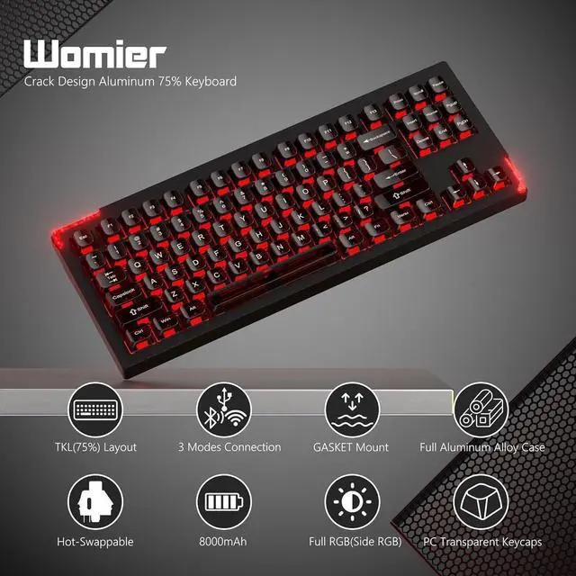 Alt view image 2 of 6 - SK87 75% Wireless Gaming Keyboard QMK/VIA, Full Aluminum Transparent keycaps Mechanical Keyboard, Bluetooth 5.0/2.4GHz/USB-C Wired Programmable Keyboard, Hot Swappable, POM Linear Switch (Black)