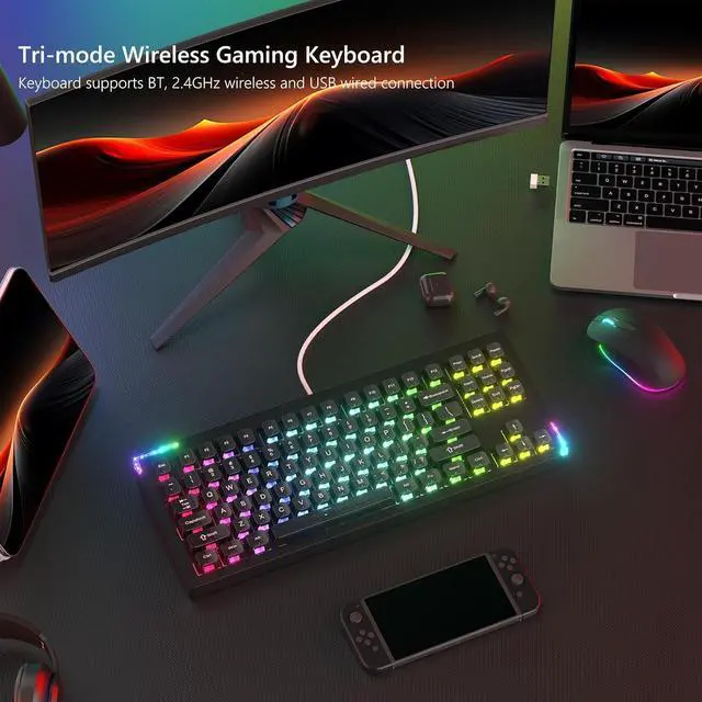 Alt view image 4 of 6 - SK87 75% Wireless Gaming Keyboard QMK/VIA, Full Aluminum Transparent keycaps Mechanical Keyboard, Bluetooth 5.0/2.4GHz/USB-C Wired Programmable Keyboard, Hot Swappable, POM Linear Switch (Black)