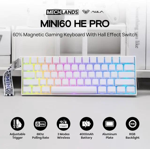 Alt view image 2 of 7 - MechLands Aula Mini60 HE PRO Wireless Hall Effect Keyboard, 4000mAh, SOCD & DKS, Magnetic Gaming Keyboard with Fast Trigger, Adjustable Actuation, 8K Polling, RGB Backlit, Sound Dampening (White)