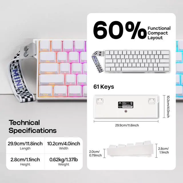 Alt view image 4 of 7 - MechLands Aula Mini60 HE PRO Wireless Hall Effect Keyboard, 4000mAh, SOCD & DKS, Magnetic Gaming Keyboard with Fast Trigger, Adjustable Actuation, 8K Polling, RGB Backlit, Sound Dampening (White)