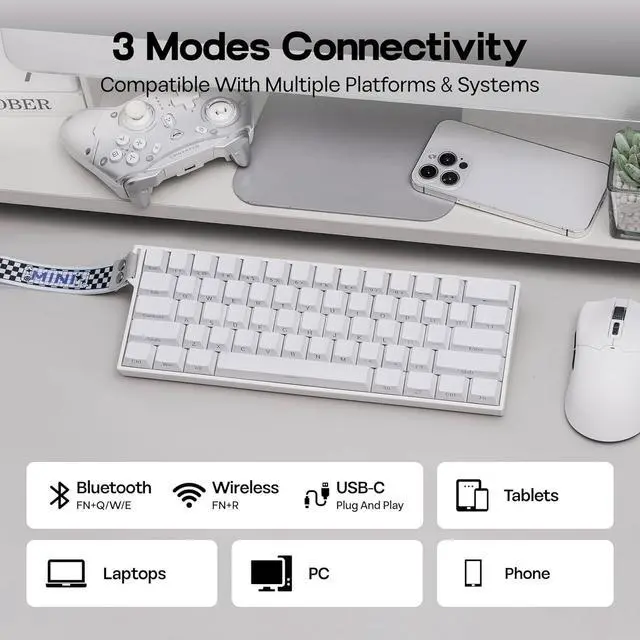 Alt view image 5 of 7 - MechLands Aula Mini60 HE PRO Wireless Hall Effect Keyboard, 4000mAh, SOCD & DKS, Magnetic Gaming Keyboard with Fast Trigger, Adjustable Actuation, 8K Polling, RGB Backlit, Sound Dampening (White)