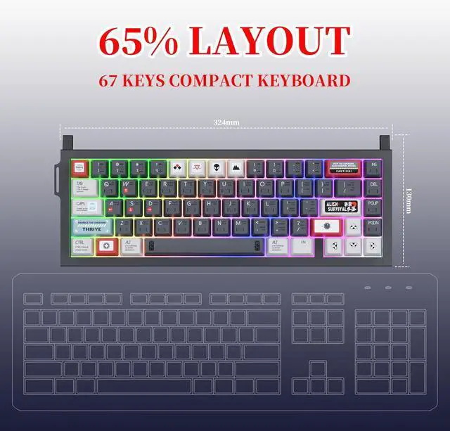 Alt view image 2 of 7 - Kutethy KY67 Wireless Mechanical Gaming Keyboard, 65% Layout RGB Custom Keyboard, Aluminum Alloy Silver Frame with Wandering Planet Keycaps, Pre-Lubed Hot-Swappable Clicky Bamboo Switches