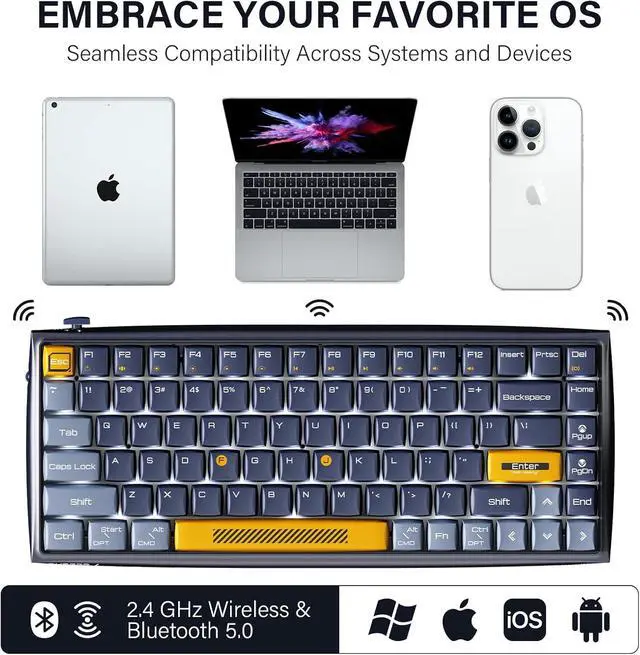 Alt view image 4 of 7 - Durgod K710 Wireless Mechanical Keyboard, 84-Key 75% Layout, Connect up to 3 Devices via Bluetooth/2.4G Wireless for Mac Windows Linux, LED Backlit & N-Key Rollover, Tactile Brown Switch, Navy Blue