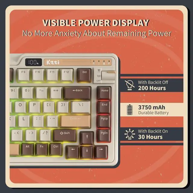 Alt view image 6 of 7 - KZZI K75 PRO RGB 75% Wireless Gasket Mechanical Keyboard, Triple Mode BT 5.0/2.4G/USB-C 82 Keys Hot Swappable Gaming Keyboard w/Knob & Power Display, Custom Linear Switches, Mousse Brown