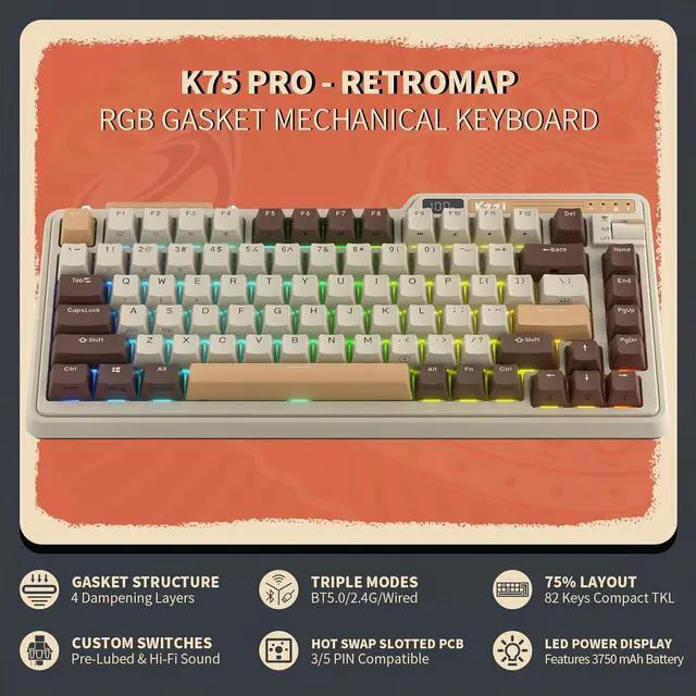 Alt view image 2 of 7 - KZZI K75 PRO RGB 75% Wireless Gasket Mechanical Keyboard, Triple Mode BT 5.0/2.4G/USB-C 82 Keys Hot Swappable Gaming Keyboard w/Knob & Power Display, Custom Linear Switches, Mousse Brown