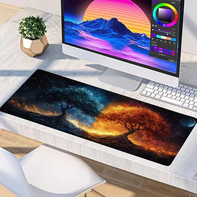 Alt view image 4 of 7 - Tree Mouse Pad, Gaming Mouse Pad 48x24in, Desk Mat with Stitched Edges, Large Mousepad Waterproof, Gaming Accessories Keyboard Mat, Office Desk Accessories, for Gamer Computer Office, Yellow 2-6770