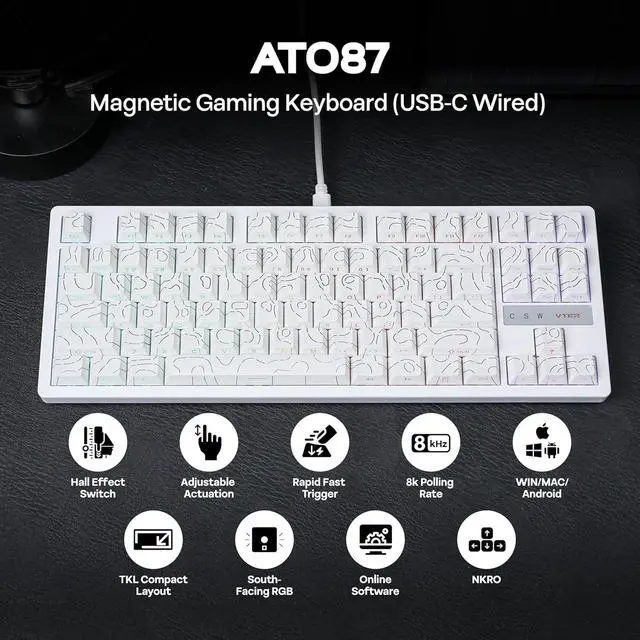 Alt view image 2 of 6 - MechLands VTER ATO87 HE Magnetic Gaming Keyboard with Adjustable Actuation, Hall Effect Keyboard with 0.125ms Latency, 8K Polling Rate, 87-Key, Hot-Swappable, RGB, Customizable Keys (White)