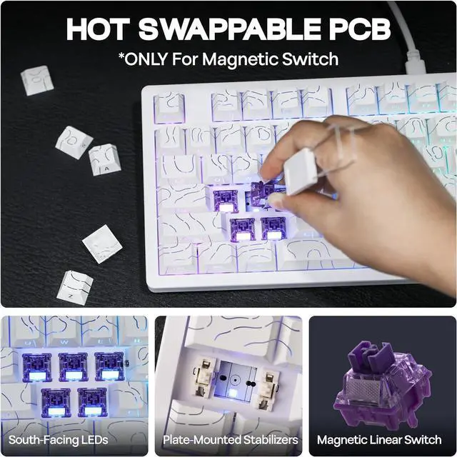 Alt view image 5 of 6 - MechLands VTER ATO87 HE Magnetic Gaming Keyboard with Adjustable Actuation, Hall Effect Keyboard with 0.125ms Latency, 8K Polling Rate, 87-Key, Hot-Swappable, RGB, Customizable Keys (White)