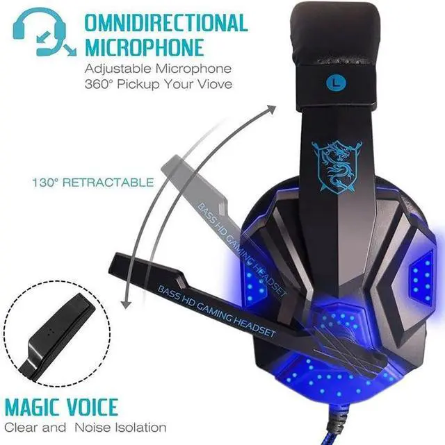 Alt view image 5 of 6 - Deucalion USB Wired Gaming Headset Over Ear Headphones Earbud for PS4 PC Laptop Xbox One PS5 Controller Nintendo Switch, with LED Light, Passive Noise Cancelling, Mic (Blue)
