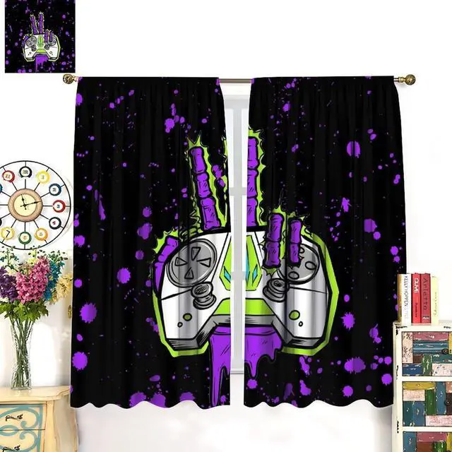 Alt view image 3 of 7 - Vintage Gamer Hand Gamepad Rod Pocket Curtains for Bedroom - Cool Watercolor Graffiti Cartoon Video Game Controller Window Treatment,Energy Saving Blackout Curtains 2 Panels 72" L x 31.5" W