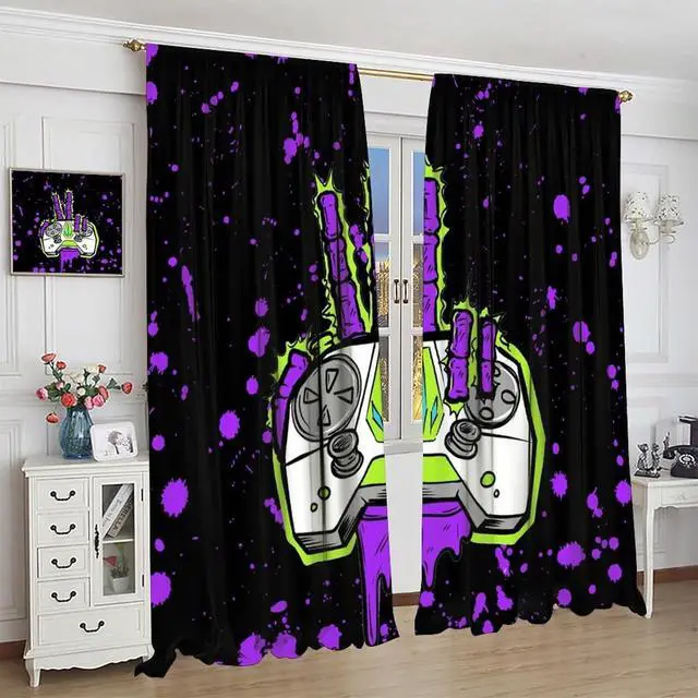 Alt view image 4 of 7 - Vintage Gamer Hand Gamepad Rod Pocket Curtains for Bedroom - Cool Watercolor Graffiti Cartoon Video Game Controller Window Treatment,Energy Saving Blackout Curtains 2 Panels 72" L x 31.5" W