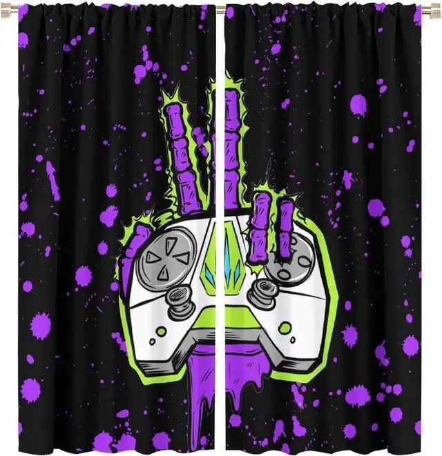 Main image of Vintage Gamer Hand Gamepad Rod Pocket Curtains for Bedroom - Cool Watercolor Graffiti Cartoon Video Game Controller Window Treatment,Energy Saving Blackout Curtains 2 Panels 72" L x 31.5" W