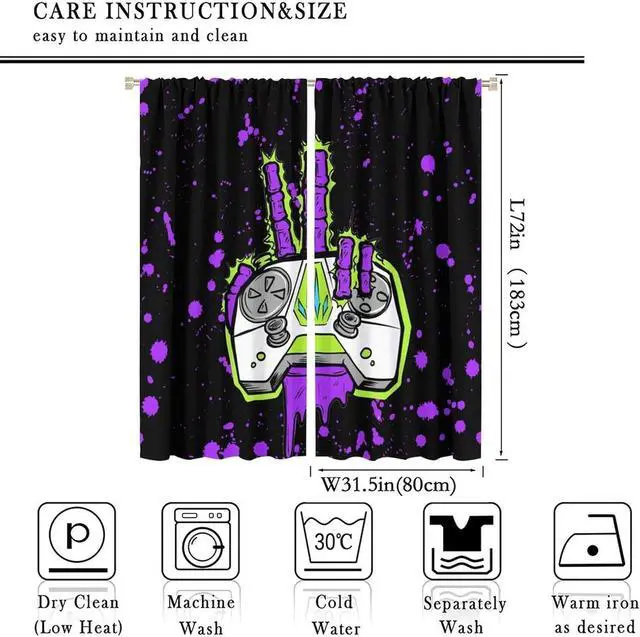 Alt view image 2 of 7 - Vintage Gamer Hand Gamepad Rod Pocket Curtains for Bedroom - Cool Watercolor Graffiti Cartoon Video Game Controller Window Treatment,Energy Saving Blackout Curtains 2 Panels 72" L x 31.5" W