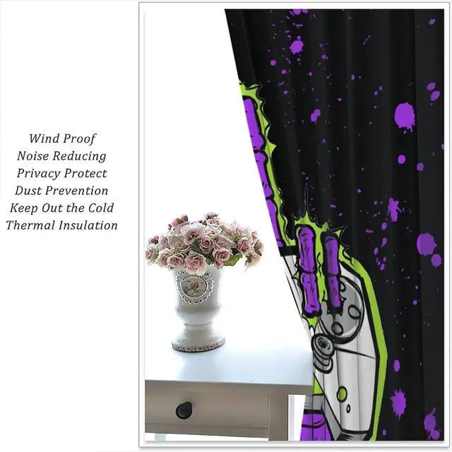 Alt view image 5 of 7 - Vintage Gamer Hand Gamepad Rod Pocket Curtains for Bedroom - Cool Watercolor Graffiti Cartoon Video Game Controller Window Treatment,Energy Saving Blackout Curtains 2 Panels 72" L x 31.5" W