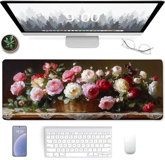 Alt view image 2 of 7 - Flower Gaming Mouse Pad, Mouse Pad 64x32in, Large Desk Mat with Non-Slip Rubber Base, Office Desk Accessories, Large Extended Gaming Keyboard Mat, Big Mousepad for Computer Gamer Office, Pink 7-9617
