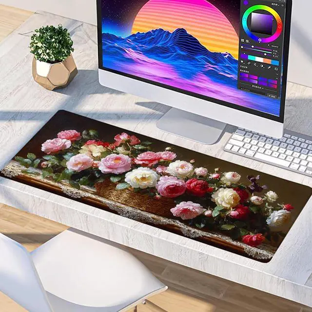 Alt view image 4 of 7 - Flower Gaming Mouse Pad, Mouse Pad 64x32in, Large Desk Mat with Non-Slip Rubber Base, Office Desk Accessories, Large Extended Gaming Keyboard Mat, Big Mousepad for Computer Gamer Office, Pink 7-9617