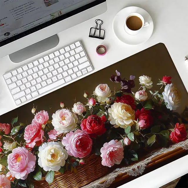 Alt view image 5 of 7 - Flower Gaming Mouse Pad, Mouse Pad 64x32in, Large Desk Mat with Non-Slip Rubber Base, Office Desk Accessories, Large Extended Gaming Keyboard Mat, Big Mousepad for Computer Gamer Office, Pink 7-9617