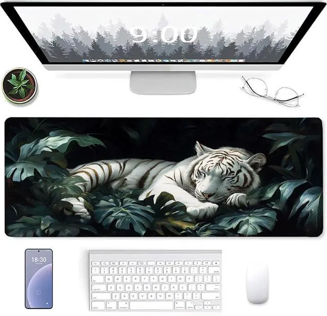 Alt view image 2 of 7 - Tiger Gaming Mouse Pad, Mouse Pad 60x32in, Large Desk Mat with Non-Slip Rubber Base, Office Desk Accessories, Large Extended Gaming Keyboard Mat, Big Mousepad for Computer Gamer Office, White 3-8091