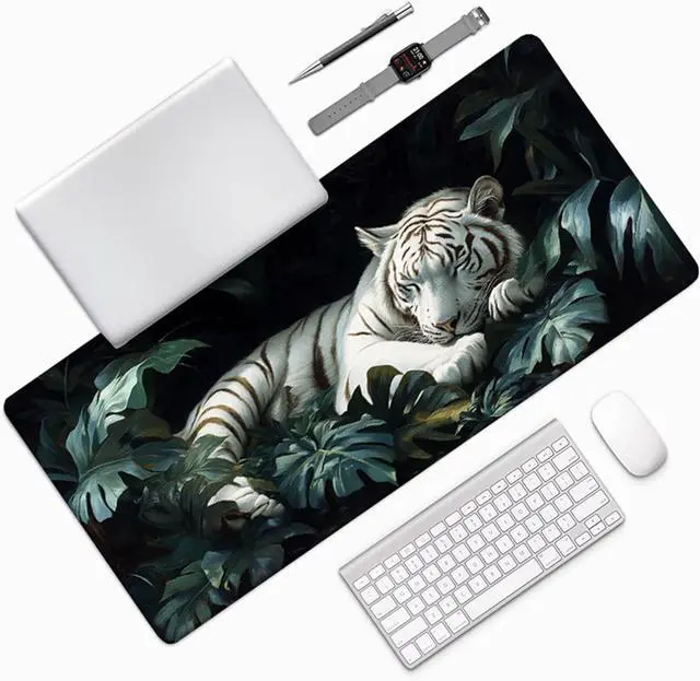 Alt view image 3 of 7 - Tiger Gaming Mouse Pad, Mouse Pad 60x32in, Large Desk Mat with Non-Slip Rubber Base, Office Desk Accessories, Large Extended Gaming Keyboard Mat, Big Mousepad for Computer Gamer Office, White 3-8091