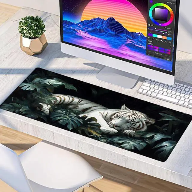 Alt view image 4 of 7 - Tiger Gaming Mouse Pad, Mouse Pad 60x32in, Large Desk Mat with Non-Slip Rubber Base, Office Desk Accessories, Large Extended Gaming Keyboard Mat, Big Mousepad for Computer Gamer Office, White 3-8091