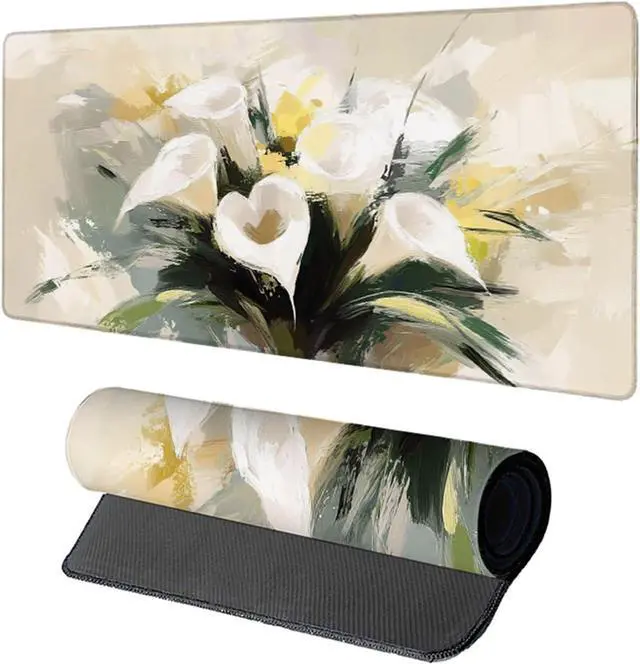 Main image of Flower Mouse Pad, Gaming Mouse Pad 64x32in, Desk Mat with Stitched Edges, Large Mousepad Waterproof, Gaming Accessories Keyboard Mat, Office Desk Accessories, for Gamer Computer Office, White 2-2092