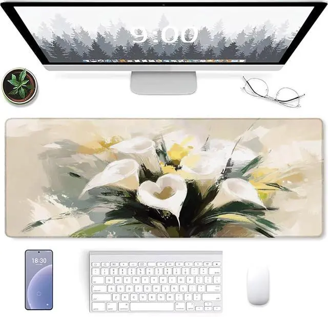 Alt view image 2 of 7 - Flower Mouse Pad, Gaming Mouse Pad 64x32in, Desk Mat with Stitched Edges, Large Mousepad Waterproof, Gaming Accessories Keyboard Mat, Office Desk Accessories, for Gamer Computer Office, White 2-2092