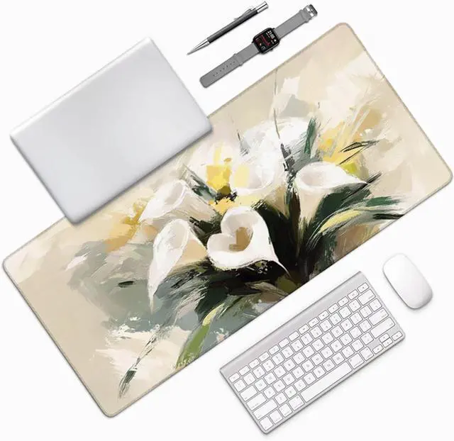Alt view image 3 of 7 - Flower Mouse Pad, Gaming Mouse Pad 64x32in, Desk Mat with Stitched Edges, Large Mousepad Waterproof, Gaming Accessories Keyboard Mat, Office Desk Accessories, for Gamer Computer Office, White 2-2092