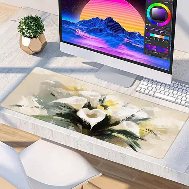 Alt view image 4 of 7 - Flower Mouse Pad, Gaming Mouse Pad 64x32in, Desk Mat with Stitched Edges, Large Mousepad Waterproof, Gaming Accessories Keyboard Mat, Office Desk Accessories, for Gamer Computer Office, White 2-2092