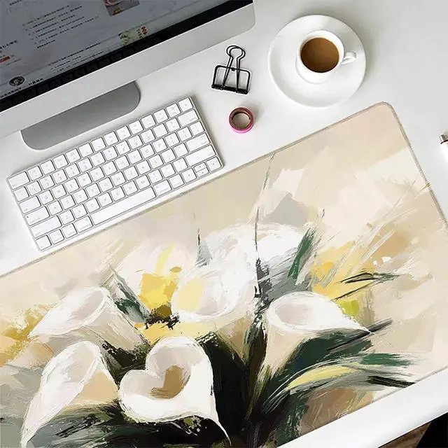 Alt view image 5 of 7 - Flower Mouse Pad, Gaming Mouse Pad 64x32in, Desk Mat with Stitched Edges, Large Mousepad Waterproof, Gaming Accessories Keyboard Mat, Office Desk Accessories, for Gamer Computer Office, White 2-2092