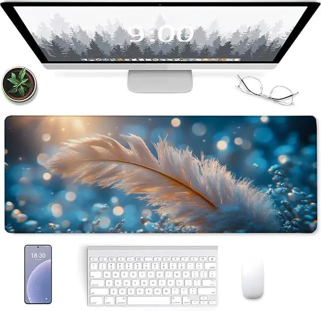 Alt view image 2 of 7 - Feather Gaming Mouse Pad, Mouse Pad 64x32in, Large Desk Mat with Non-Slip Rubber Base, Office Desk Accessories, Large Extended Gaming Keyboard Mat, Big Mousepad for Computer Gamer Office, Blue J-2272