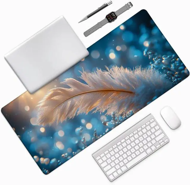 Alt view image 3 of 7 - Feather Gaming Mouse Pad, Mouse Pad 64x32in, Large Desk Mat with Non-Slip Rubber Base, Office Desk Accessories, Large Extended Gaming Keyboard Mat, Big Mousepad for Computer Gamer Office, Blue J-2272
