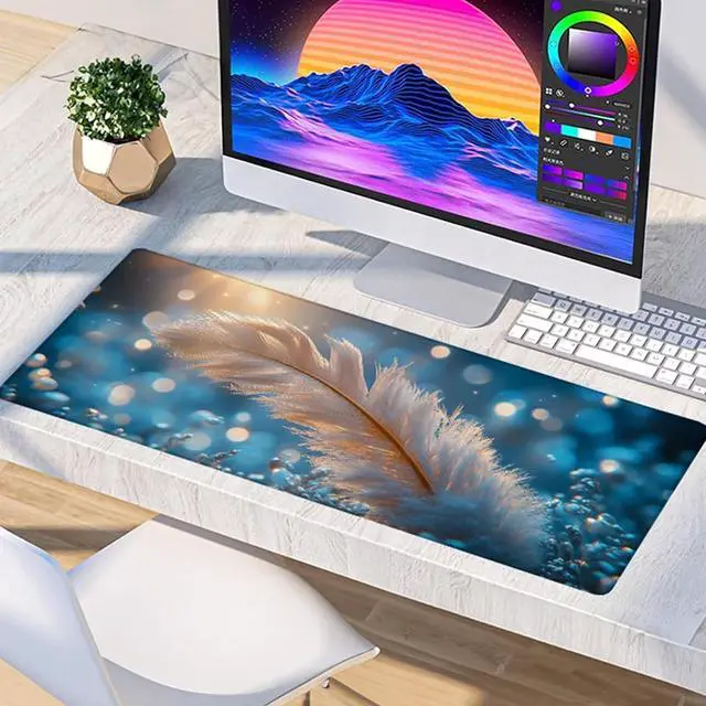 Alt view image 4 of 7 - Feather Gaming Mouse Pad, Mouse Pad 64x32in, Large Desk Mat with Non-Slip Rubber Base, Office Desk Accessories, Large Extended Gaming Keyboard Mat, Big Mousepad for Computer Gamer Office, Blue J-2272