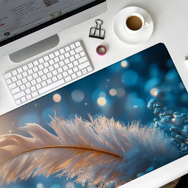 Alt view image 5 of 7 - Feather Gaming Mouse Pad, Mouse Pad 64x32in, Large Desk Mat with Non-Slip Rubber Base, Office Desk Accessories, Large Extended Gaming Keyboard Mat, Big Mousepad for Computer Gamer Office, Blue J-2272