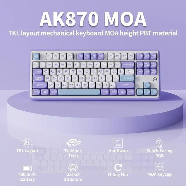 Alt view image 2 of 7 - DAIDAI×AJAZZ AK870 TKL 87-Key Gasket Structure Full-Key Hot-Swappable Mechanical Keyboard Type-C/2.4G/BT 5.1, 4000mAh Battery, MOA Keycap,South-Facing RGB, for Windows/MAC.