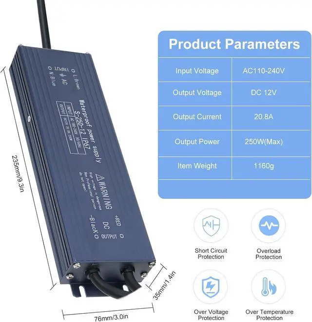 Alt view image 2 of 6 - 12V 250W IP67 Aluminum Alloy LED Power Supply for Lighting and Signage