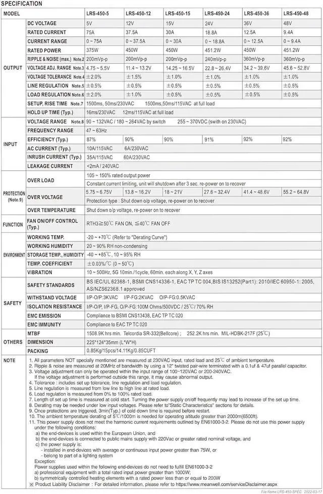 Alt view image 6 of 7 - Switching Power LRS-450-12 110/220V AC to DC 12V37.5A 450W Single Output Switching Power Supply for Industrial Machine Driver