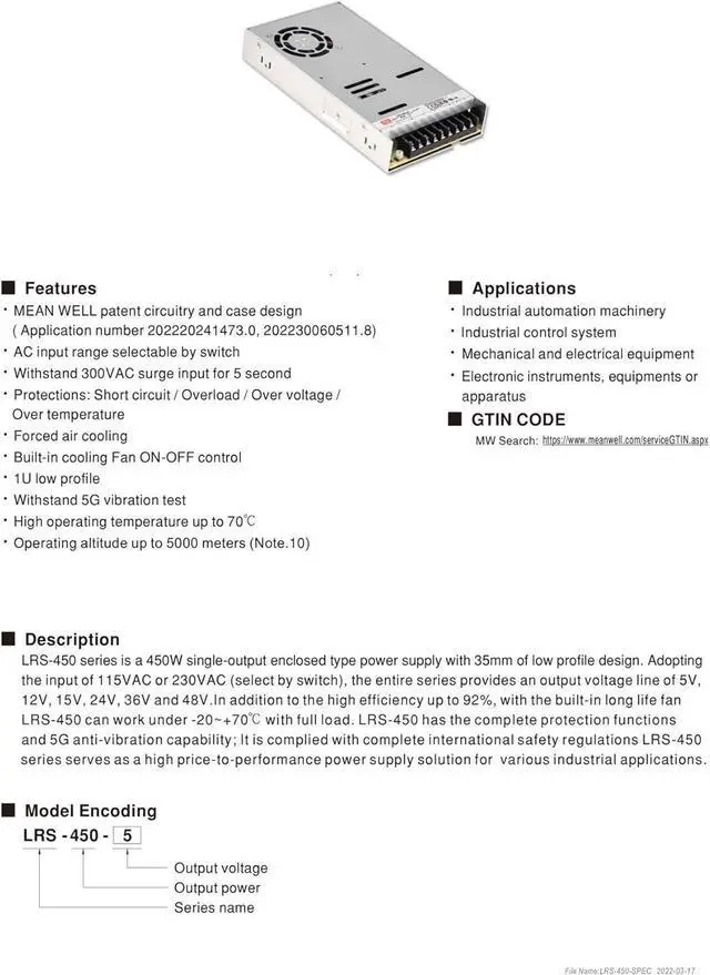 Alt view image 5 of 7 - Switching Power LRS-450-12 110/220V AC to DC 12V37.5A 450W Single Output Switching Power Supply for Industrial Machine Driver