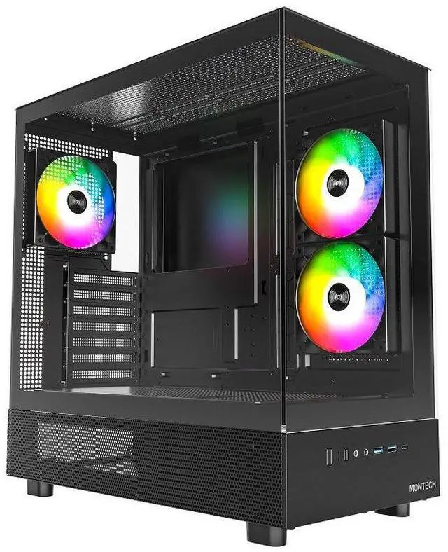 Alt view image 9 of 9 - MONTECH XR, ATX Mid-Tower PC Gaming Case, 3 x 120mm ARGB PWM Fans  Pre-Installed, Full-View Dual Tempered Glass Panel, Wood-Grain Design I/O Interface, Support 4090 GPUs, 360mm Radiator Support, Black