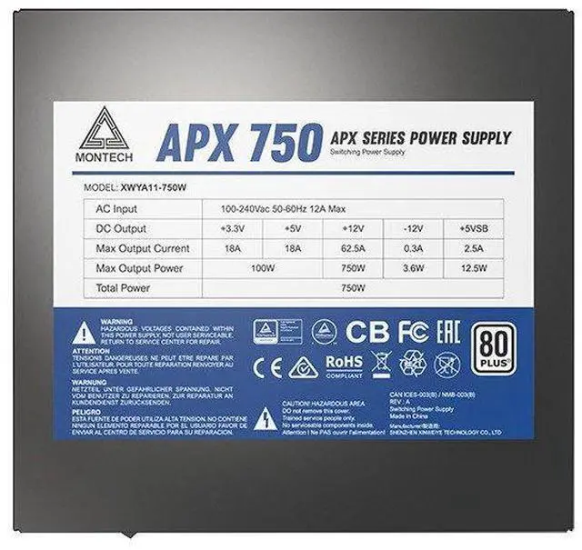 Alt view image 6 of 6 - MONTECH APX Series APX 750W - Power supply (internal) - DC-DC - ATX12V - 80 PLUS - AC 100-240 V - 750 Watt - active PFC