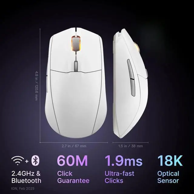 Alt view image 2 of 5 - Gaming Mouse  2.4GHz and Bluetooth  18000 DPI TrueMove Air Optical Sensor  60 Million Click Durability  White