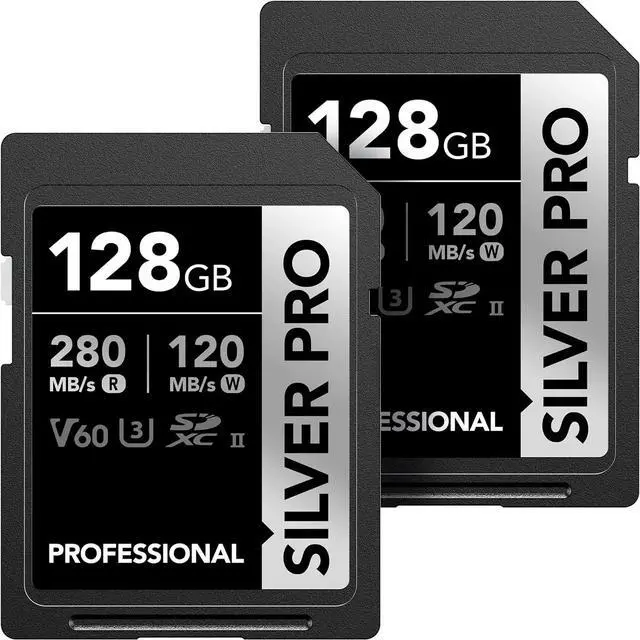 Main image of FOR-128GB (2-PK) Professional SILVER PRO SD Card, UHS-II, C10, U3, V60, Full HD, 4K, Up To 280MB/s Read SDXC Memory Card